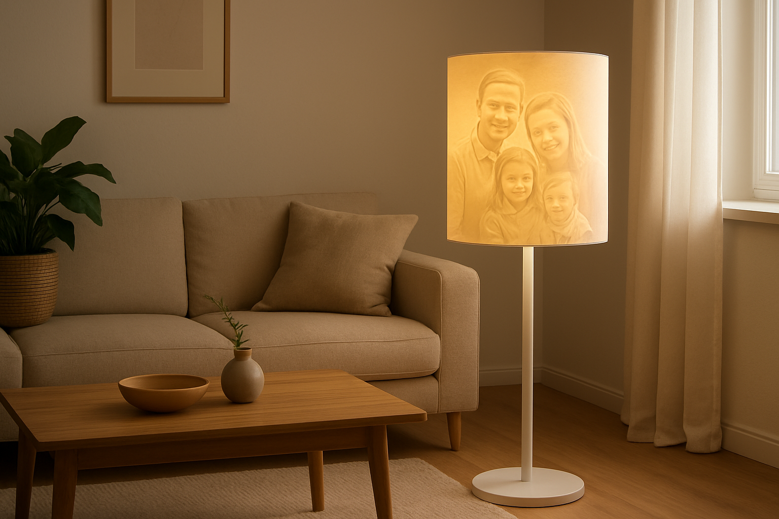 Lampadaire personnalisé 3D avec photo de famille dans un salon moderne, éclairage LED chaud, décoration intérieure cosy