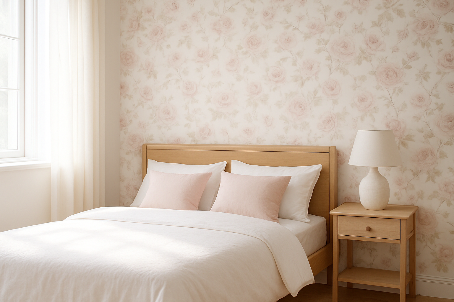 Mur d'accent en papier peint fleurs rose poudré dans une chambre lumineuse au style scandinave, avec lit en bois clair et linge de lit blanc