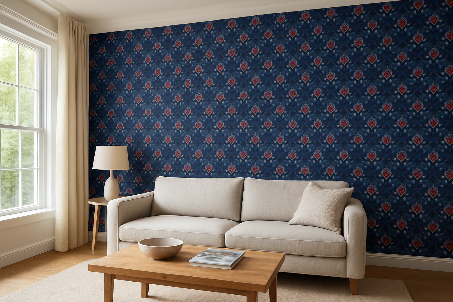 Salon moderne avec un mur d'accent en papier peint Paris Saint-Germain aux motifs fleuris bleus, rouges et blancs, canapé confortable et lumière naturelle