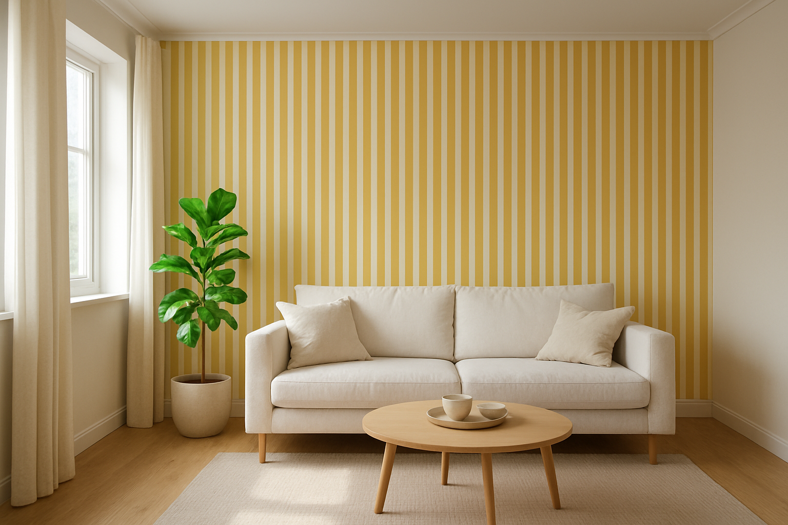 Salon lumineux avec papier peint rayure jaune vertical sur un mur d'accent, canapé blanc et parquet clair, style scandinave
