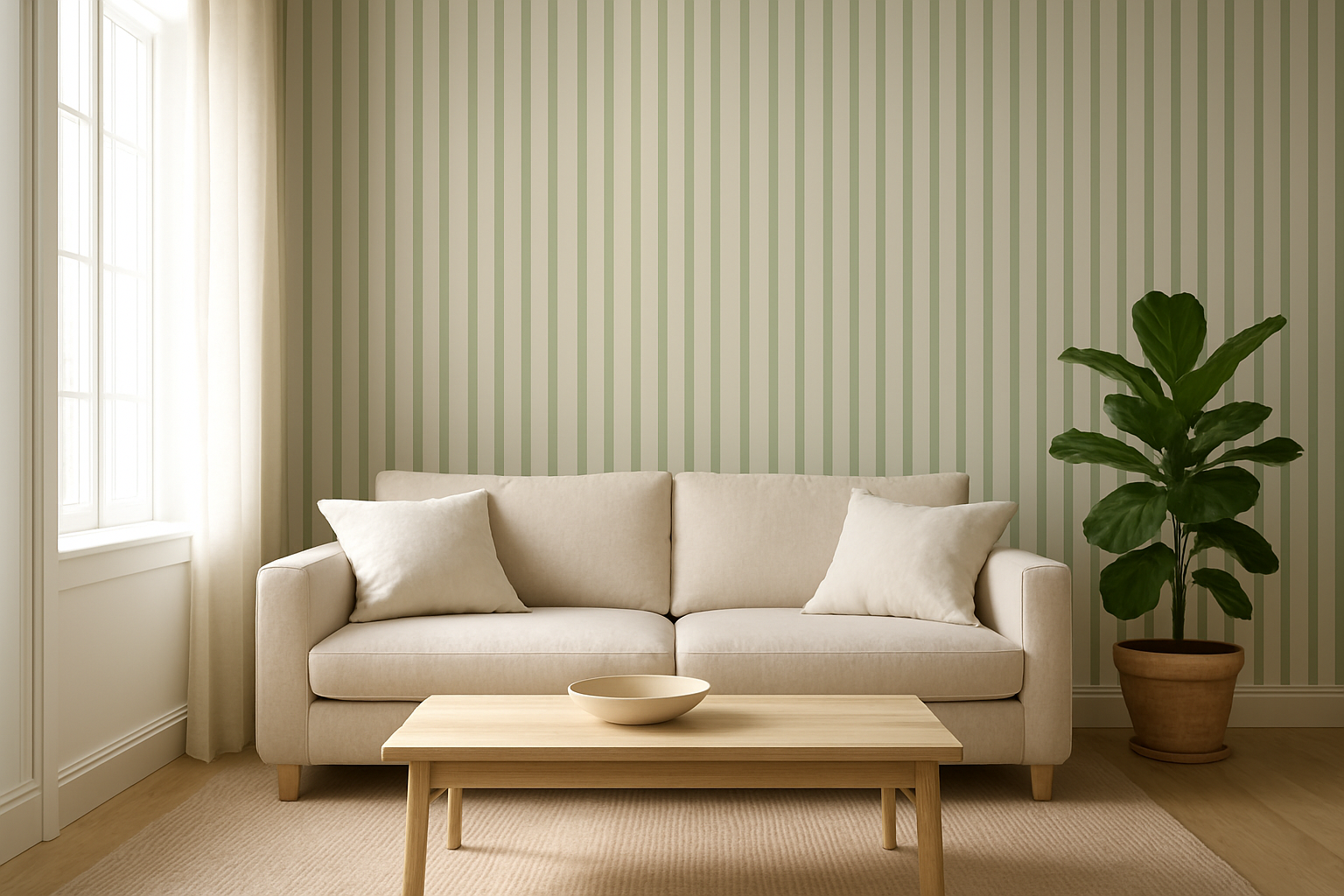 Salon avec mur d'accent en papier peint rayure verte, canapé beige, table basse bois clair et plante verte