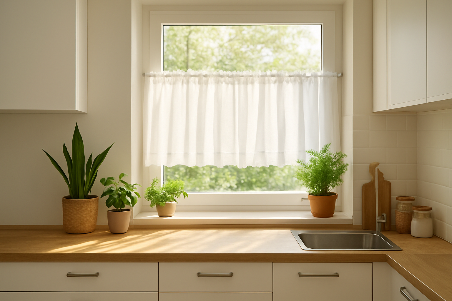 Brise-bise rideau blanc en voilage fixé sur une fenêtre de cuisine, laissant passer la lumière naturelle, avec plan de travail en bois et plantes vertes.