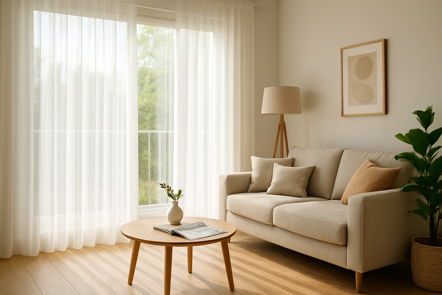 Salon lumineux avec voilage blanc La Foir'Fouille filtrant la lumière naturelle, canapé beige et parquet bois, ambiance moderne et épurée.