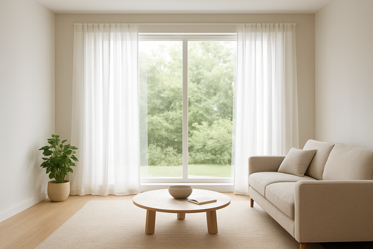 Voilage blanc en lin sur rail dans un salon lumineux, avec lumière naturelle filtrant à travers le tissu vaporeux, baie vitrée et parquet clair.