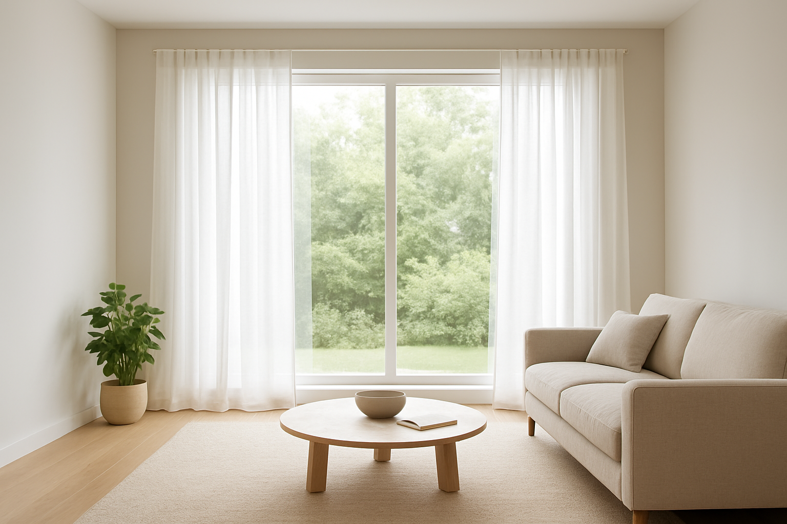 Voilage blanc en lin sur rail dans un salon lumineux, avec lumière naturelle filtrant à travers le tissu vaporeux, baie vitrée et parquet clair.