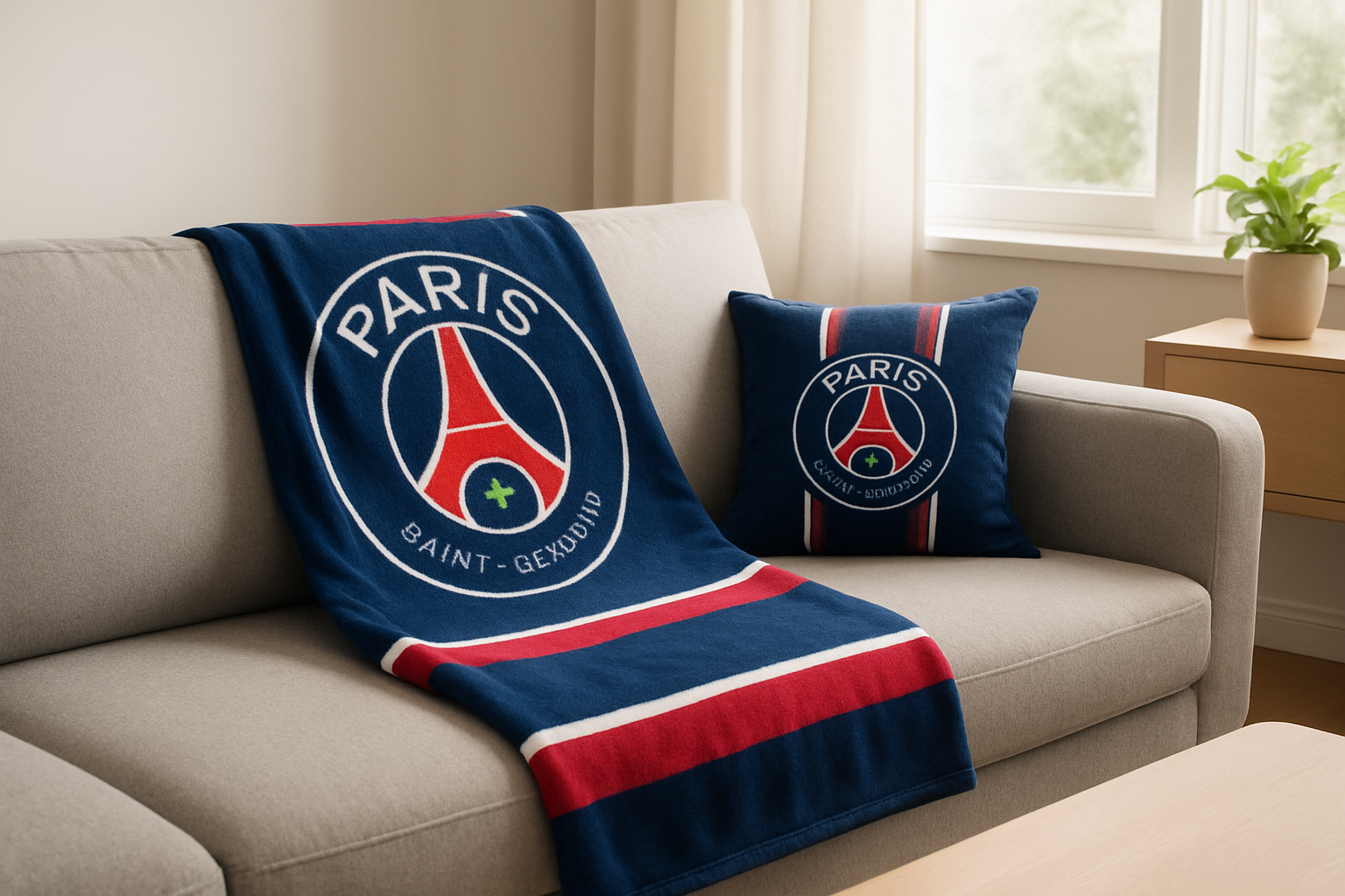 Plaid Paris Saint-Germain plié sur un canapé gris, avec coussin assorti, dans un salon lumineux au style déco moderne.