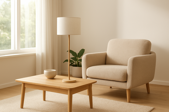 Lampe sur pied avec abat-jour blanc cylindrique en lin dans un salon lumineux, style scandinave, près d'une fenêtre et d'un fauteuil beige.
