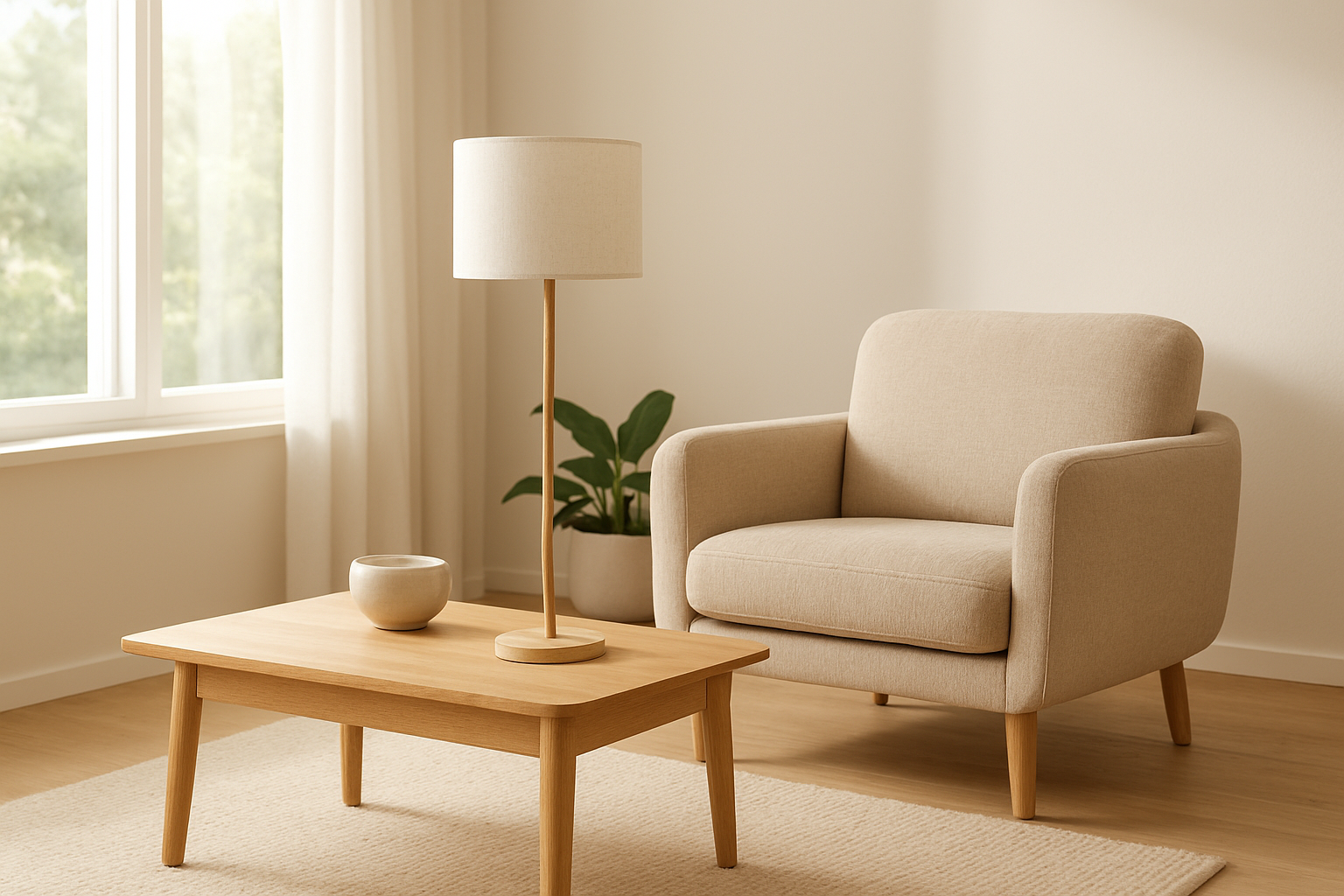 Lampe sur pied avec abat-jour blanc cylindrique en lin dans un salon lumineux, style scandinave, près d'une fenêtre et d'un fauteuil beige.