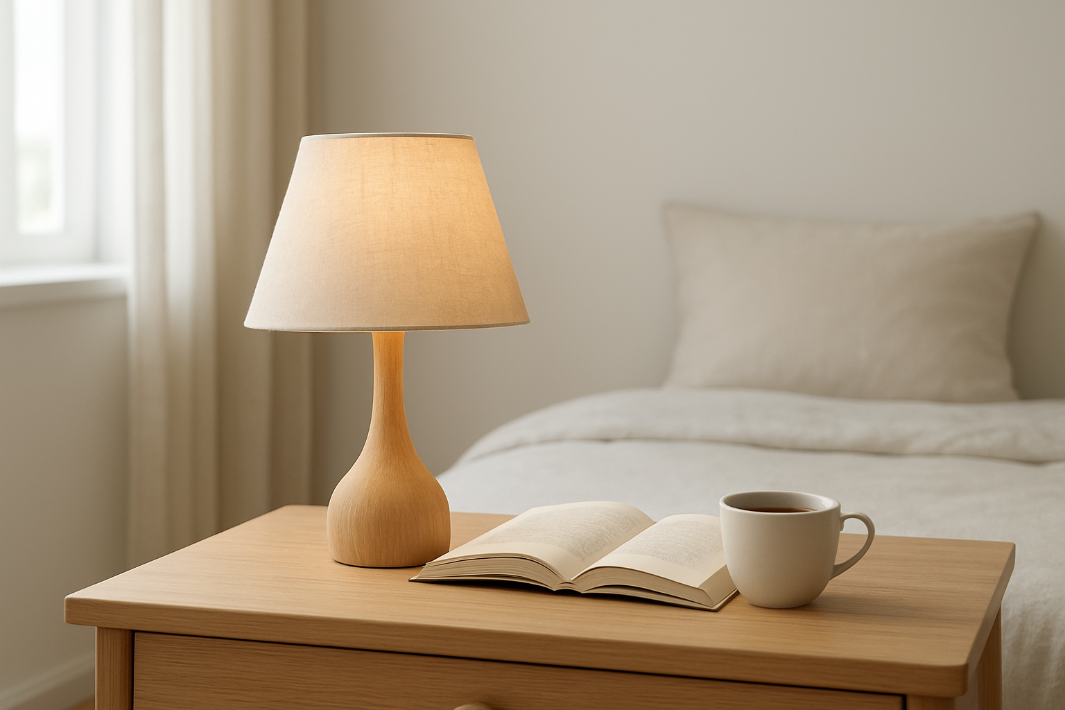 Lampe de table avec abat-jour d'hôtel conique en lin beige sur une table de chevet, créant une ambiance lumineuse tamisée dans une chambre décorée avec goût.