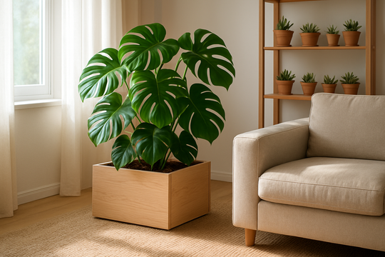 Salon lumineux avec bac jardinière en bois clair contenant un Monstera, posé sur un tapis en jute près d'un canapé beige, lumière naturelle par la fenêtre.