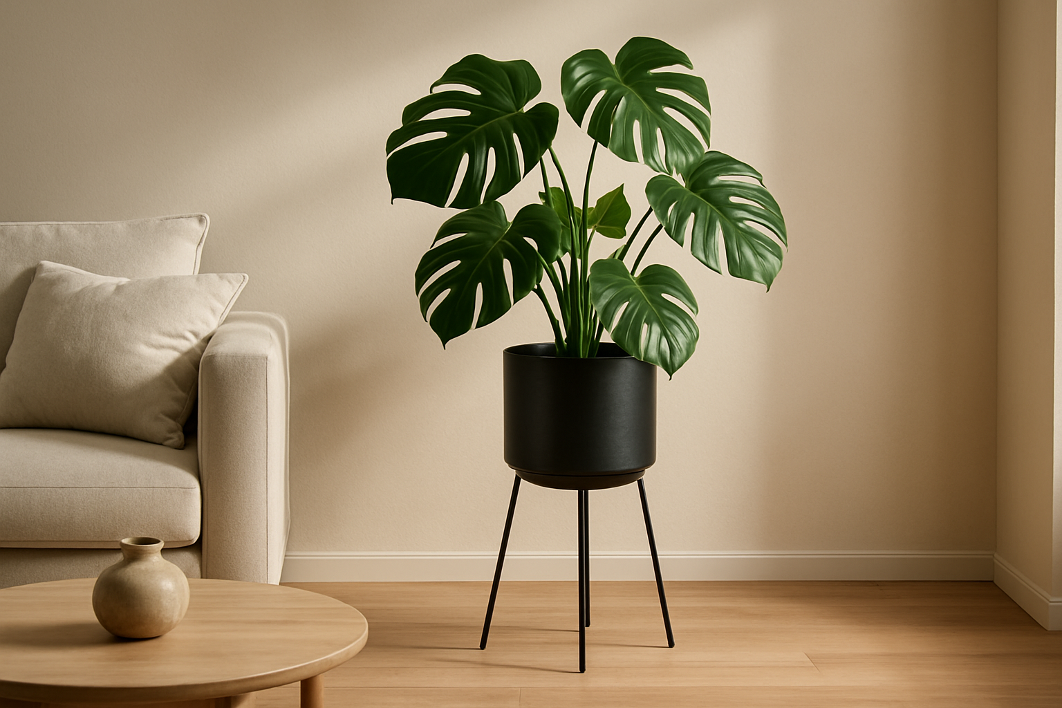 Grand cache-pot sur pied en métal noir avec un monstera dans un salon lumineux, ambiance minimaliste