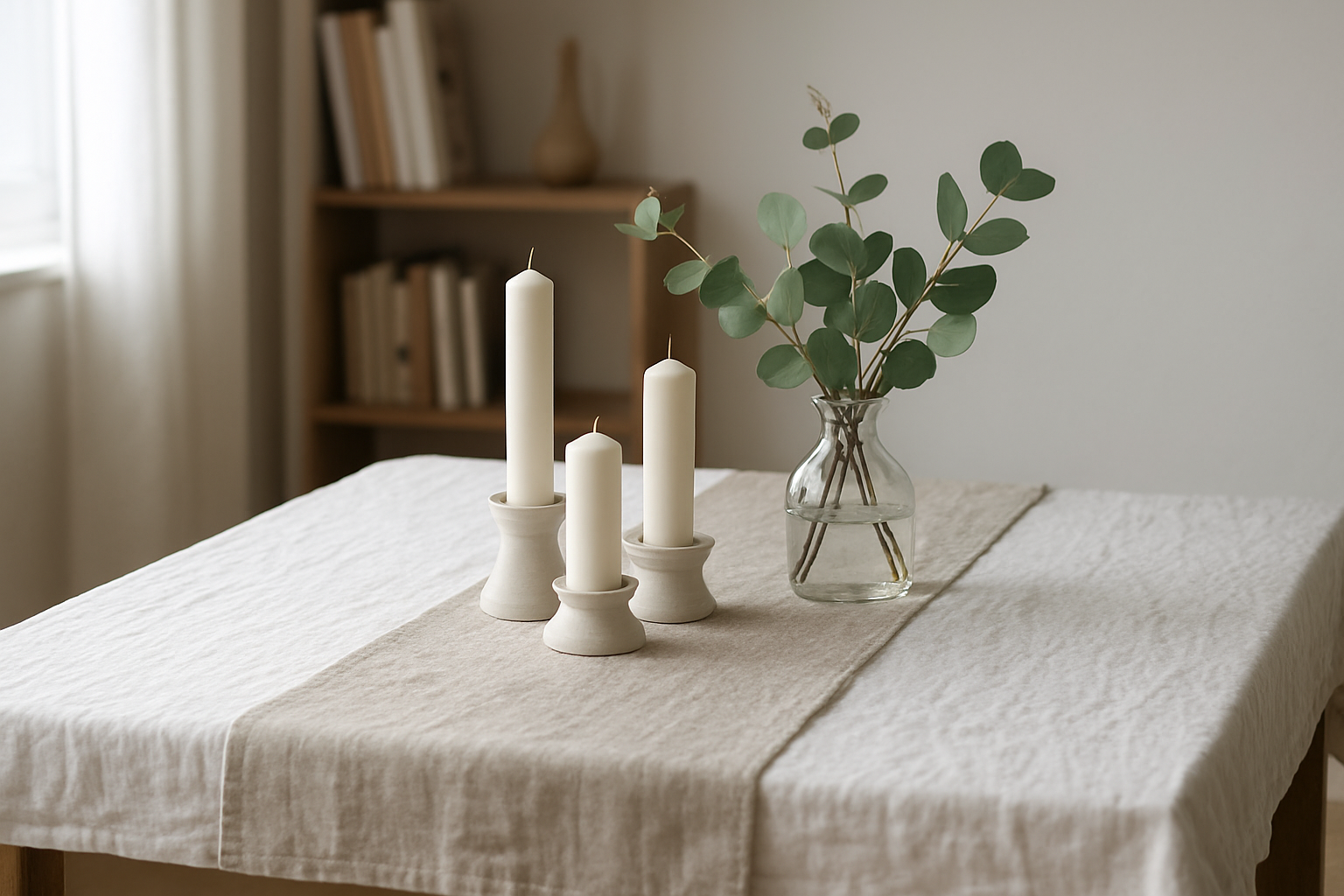 Chemin de table en lin beige sur nappe blanche avec bougies et eucalyptus, table en bois, lumière naturelle, décoration intérieure minimaliste et élégante.