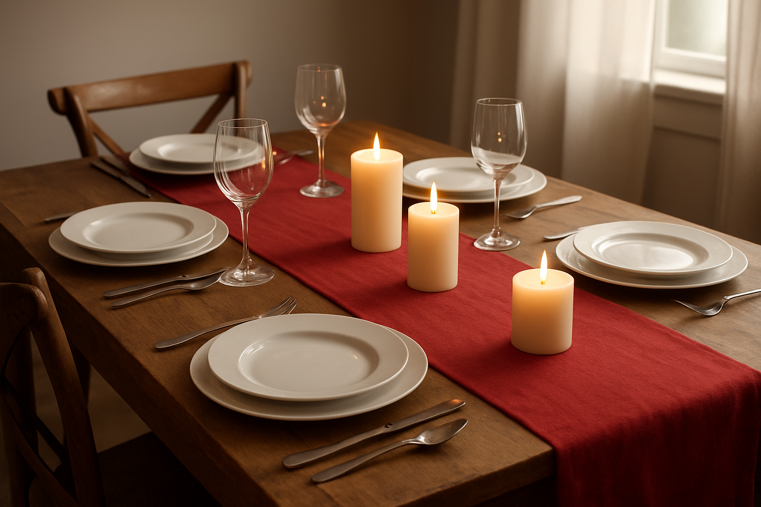Chemin de table rouge en lin sur une table en bois, avec assiettes blanches et couverts argentés, bougies blanches, lumière naturelle douce.