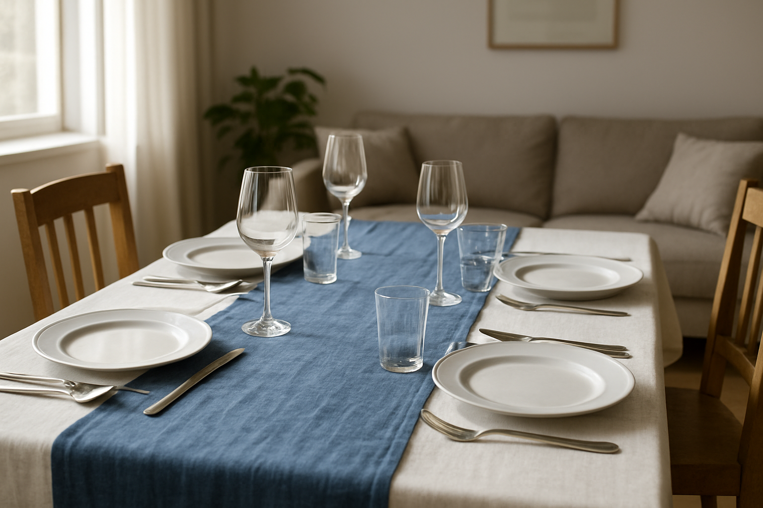 Chemin de table bleu en lin sur une table dressée avec assiettes blanches et couverts argentés, lumière naturelle, décoration intérieure élégante