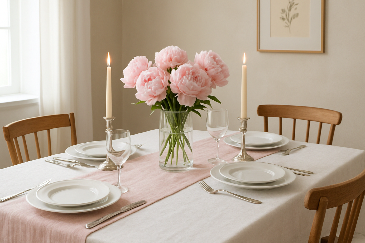 Chemin de table rose en lin sur une table blanche avec vaisselle en porcelaine, bouquet de pivoines roses et bougies, dans une salle à manger lumineuse.