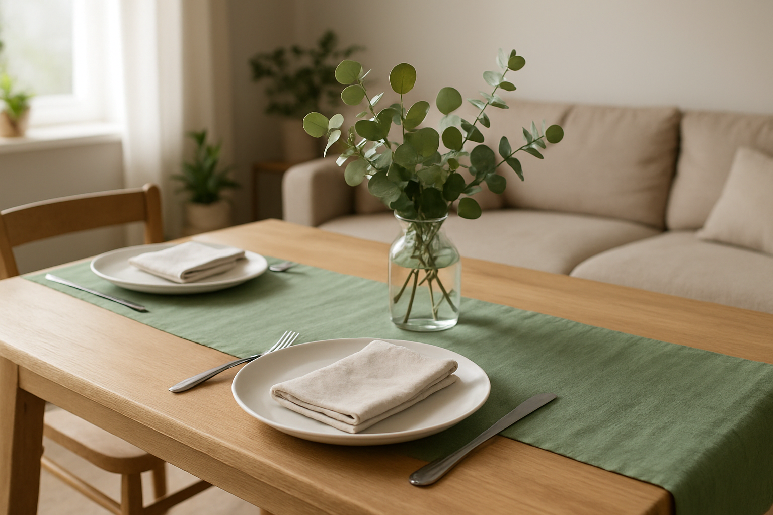 Chemin de table vert en lin sauge sur une table en bois clair, avec assiettes blanches et eucalyptus, dans un salon lumineux au style scandinave.