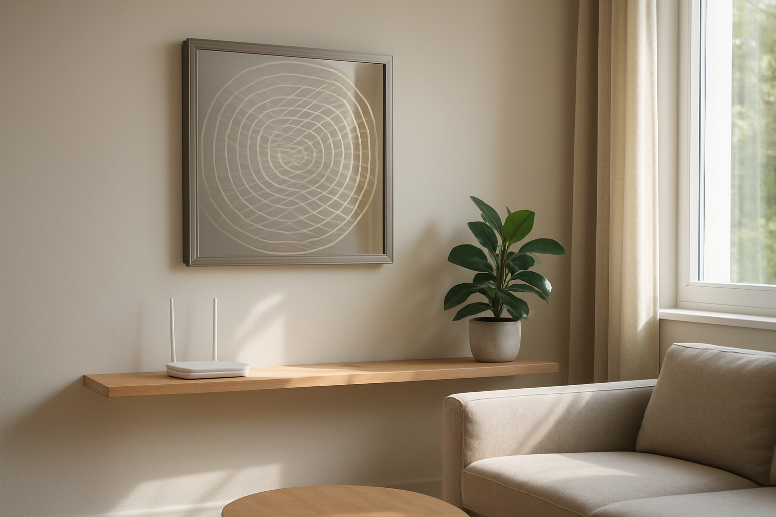 Miroir des ondes décoratif dans un salon moderne, placé près d'un routeur Wi-Fi pour réduire les ondes électromagnétiques, avec lumière naturelle et mobilier minimaliste.