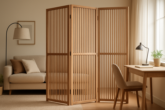 Paravent en bois à lattes verticales séparant un salon d'un espace bureau, avec lumière naturelle filtrant à travers les panneaux
