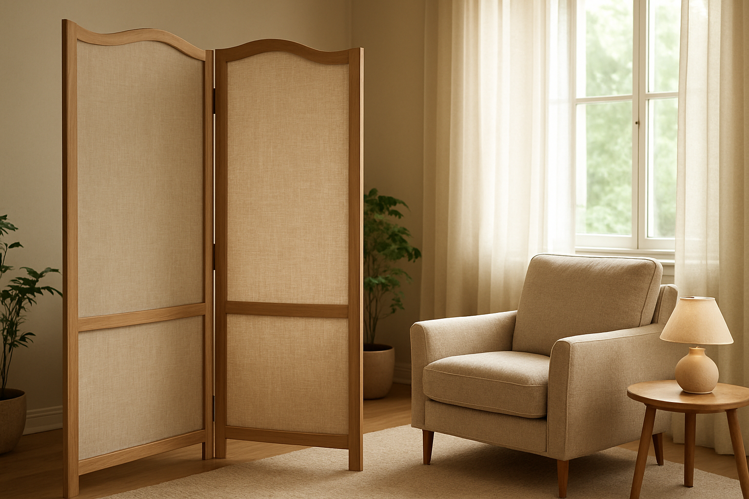 Paravent confortable en tissu beige à trois panneaux dans un salon lumineux, près d'une fenêtre, avec fauteuil et plante verte.