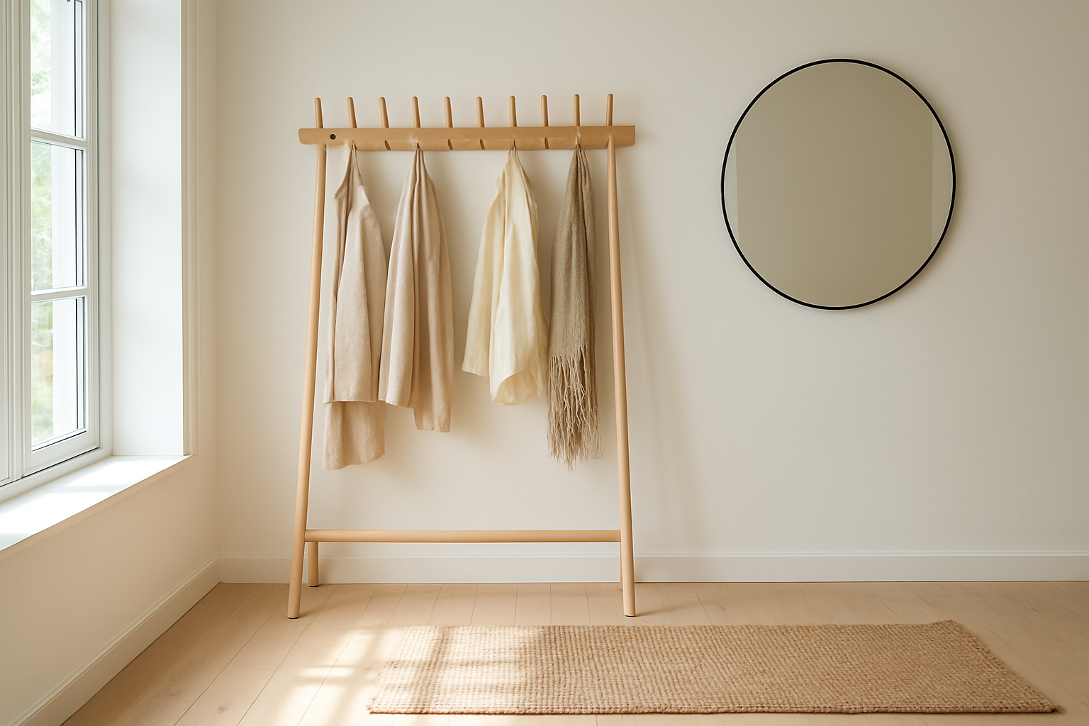 Porte manteau perroquet en bois massif avec 12 crochets dans une entrée lumineuse, manteaux suspendus, décoration scandinave.