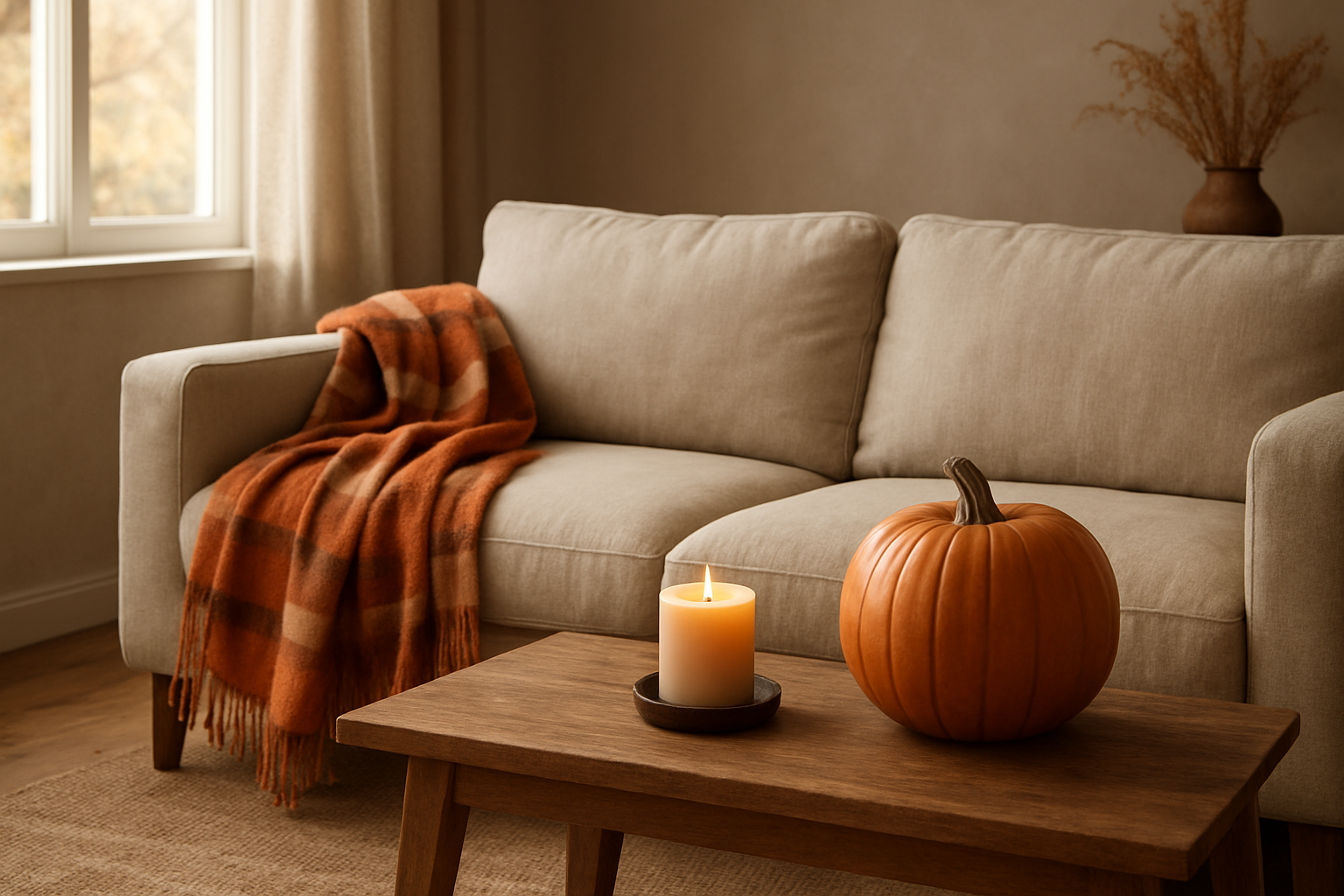 Plaid citrouille orange jeté sur un canapé en lin beige dans un salon automnal avec décoration cosy, lumière naturelle