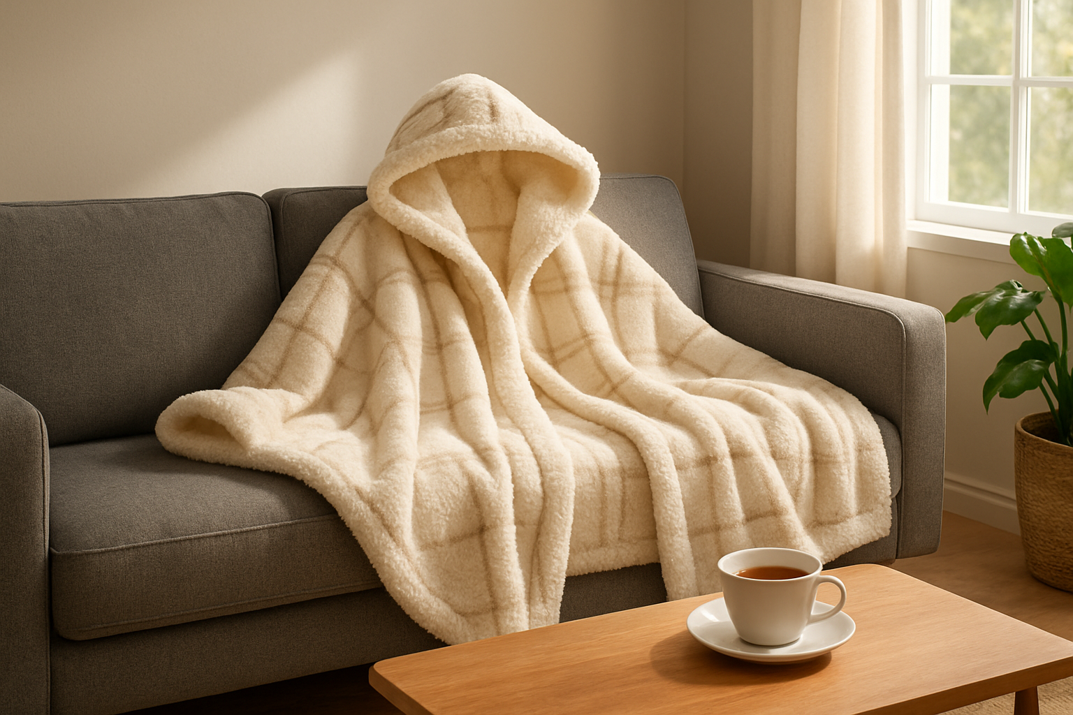 Plaid avec capuche en sherpa beige posé sur un canapé gris moderne dans un salon lumineux et cosy, avec une tasse de thé sur la table basse