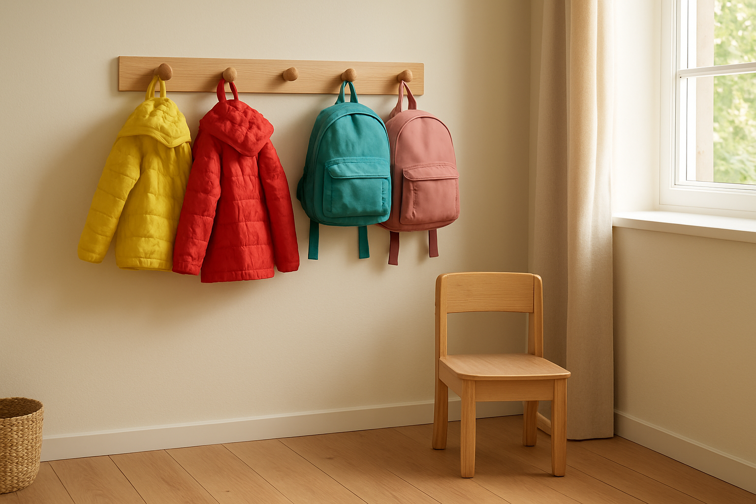 Porte-manteau mural en bois pour maternelle avec des manteaux d'enfants accrochés, dans une pièce lumineuse avec un sol en bois et un petit tabouret
