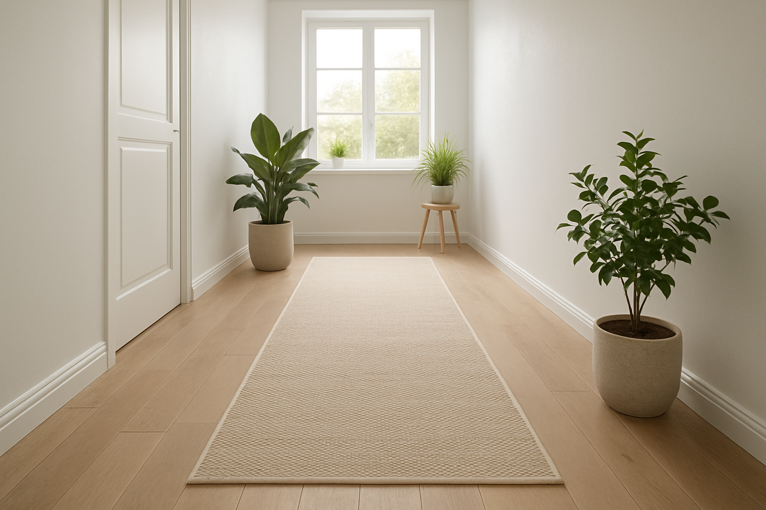 Couloir lumineux avec un long tapis beige en polypropylène au centre, parquet clair et plantes vertes, style scandinave.