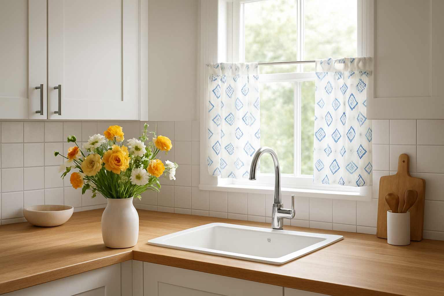 Rideau court en coton blanc à motifs géométriques bleus dans une cuisine lumineuse, au-dessus d'un évier avec vue sur l'extérieur.