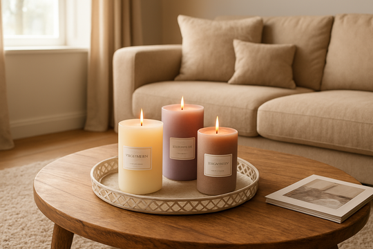 Trois bougies Atmosphera de tailles et parfums différents sur un plateau en bois, posé sur une table basse dans un salon lumineux et cosy.