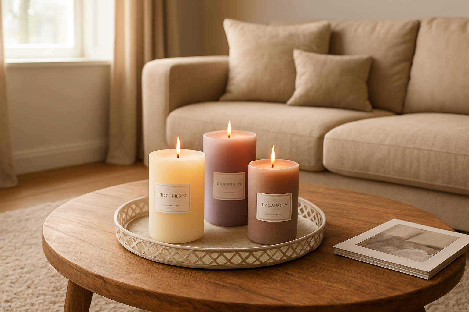 Trois bougies Atmosphera de tailles et parfums différents sur un plateau en bois, posé sur une table basse dans un salon lumineux et cosy.
