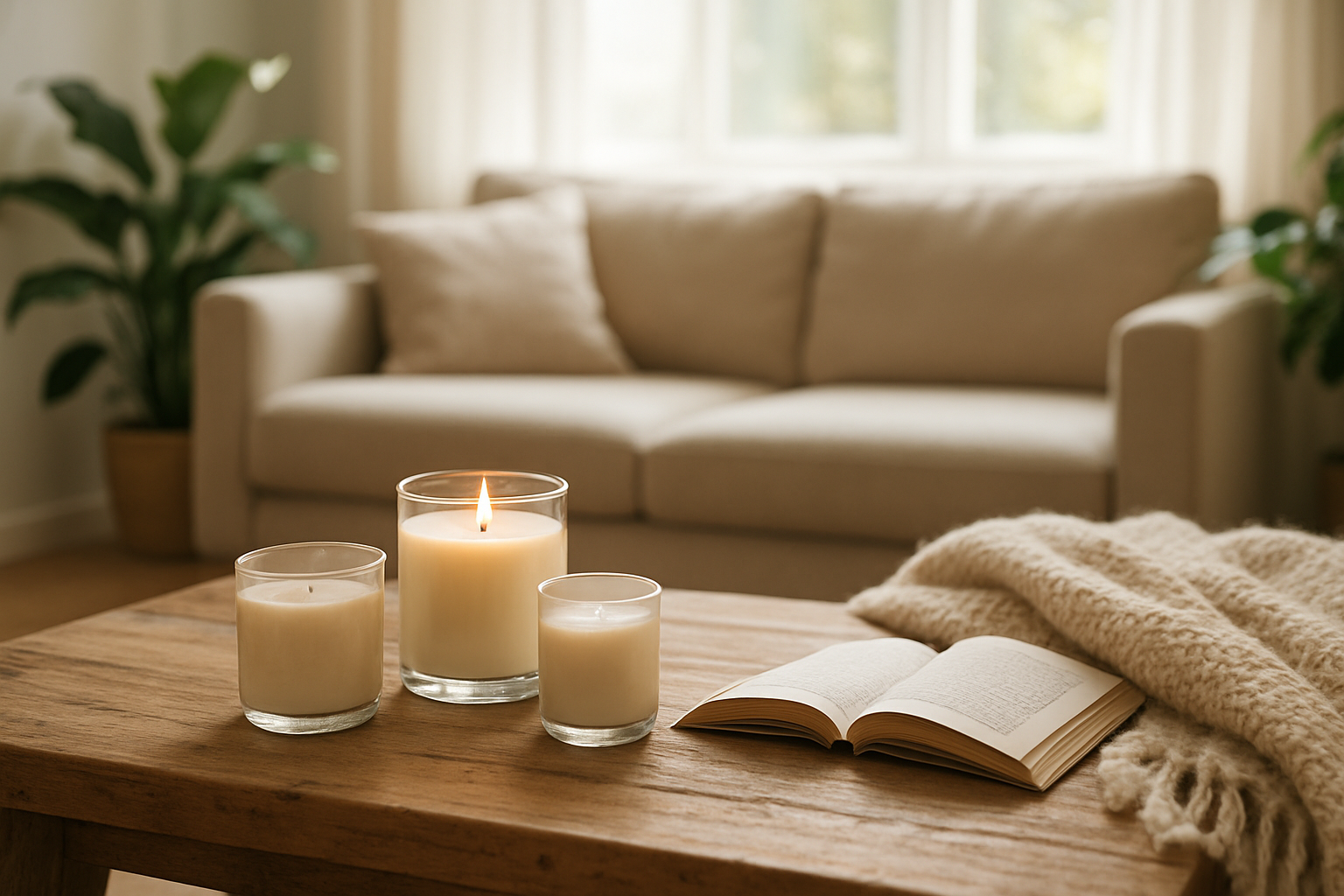 Trois bougies parfumées sur une table basse en bois, une allumée, avec livre et plaid, salon lumineux et cosy
