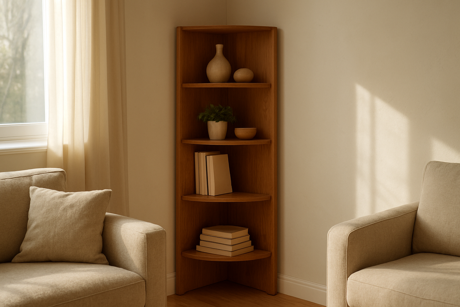 Étagère de coin en bois dans un salon lumineux, avec livres, plante verte et objets décoratifs, éclairée par la lumière naturelle d'une fenêtre