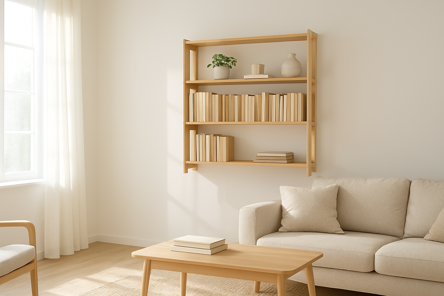Étagère JYSK en pin massif dans un salon lumineux, avec livres et décoration scandinave, lumière naturelle