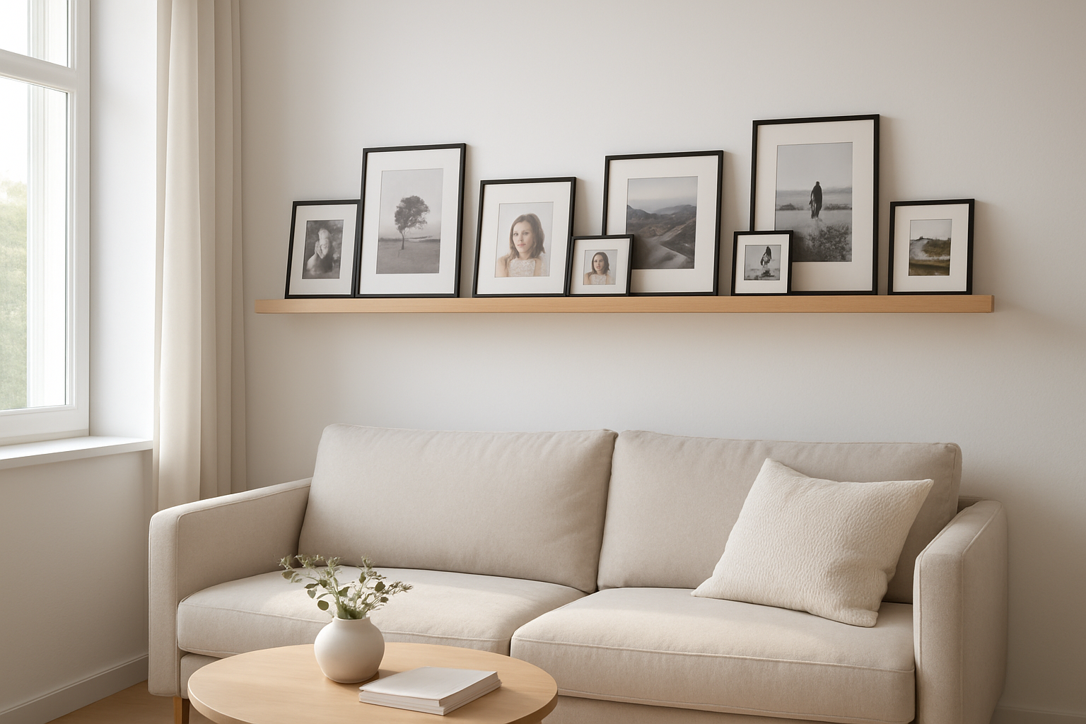 Étagère en bois clair fixée au mur blanc d'un salon, avec plusieurs cadres photos de tailles variées, un vase blanc posé à côté, lumière naturelle, style déco moderne.
