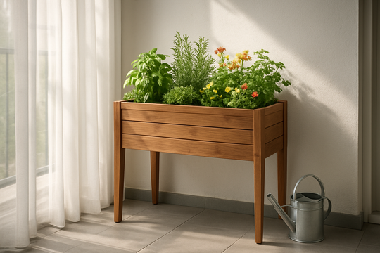 Jardinière surélevée en bois sur un balcon avec des herbes aromatiques et des fleurs colorées, éclairée par une lumière naturelle tamisée