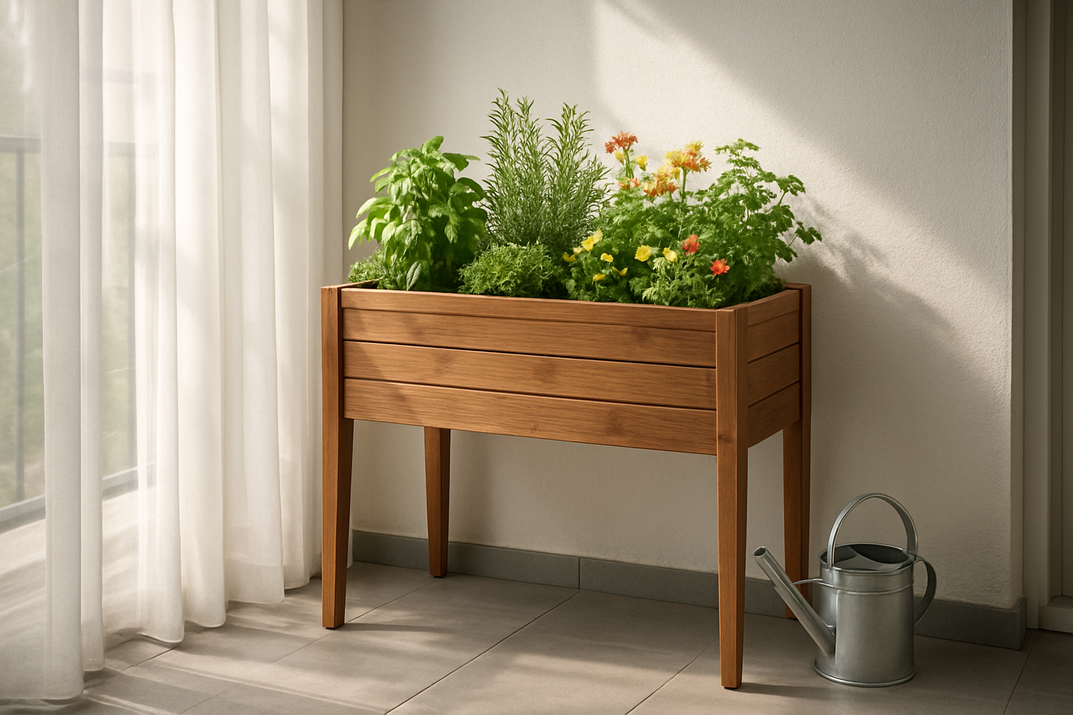 Jardinière surélevée en bois sur un balcon avec des herbes aromatiques et des fleurs colorées, éclairée par une lumière naturelle tamisée