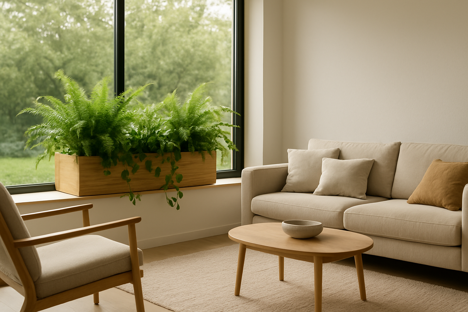 Jardinière en bois Gamm Vert sur un rebord de fenêtre avec des plantes vertes d'intérieur, dans un salon lumineux au décor moderne et cosy.