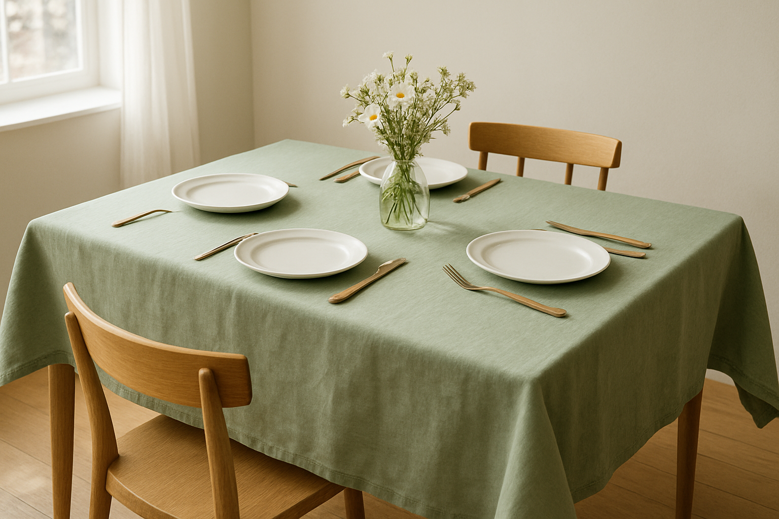 Table de salle à manger avec une nappe verte en lin, assiettes blanches, couverts en bois et vase de fleurs sauvages, lumière naturelle