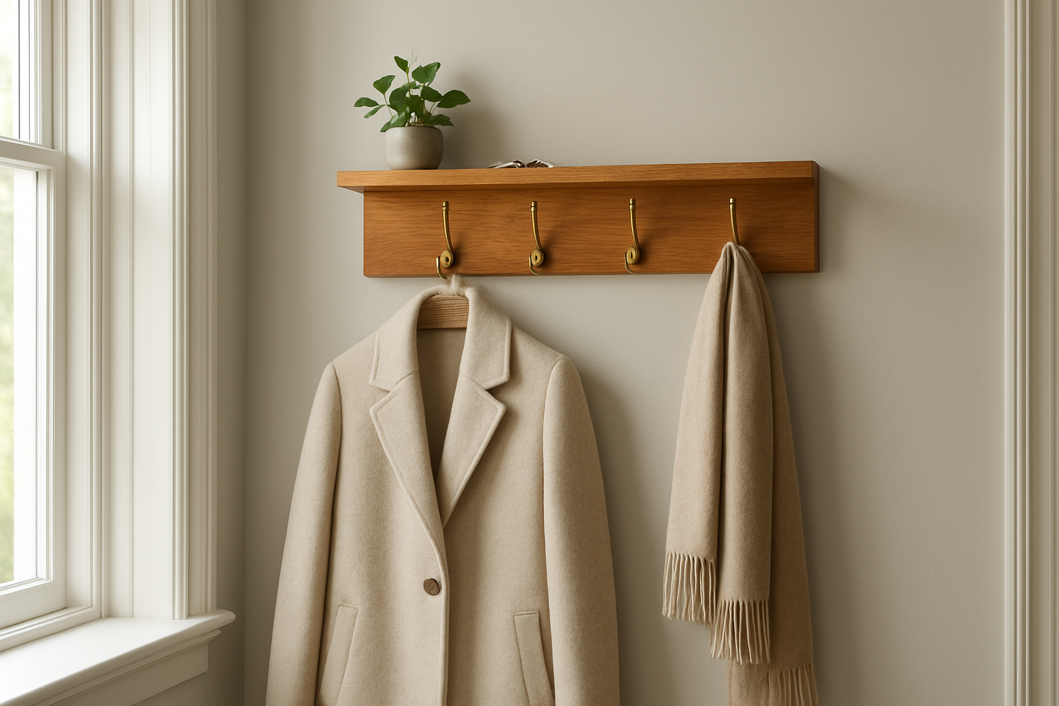 Porte-manteau mural en bois avec étagère dans une entrée lumineuse, manteau et écharpe accrochés, petite plante et clés sur l'étagère
