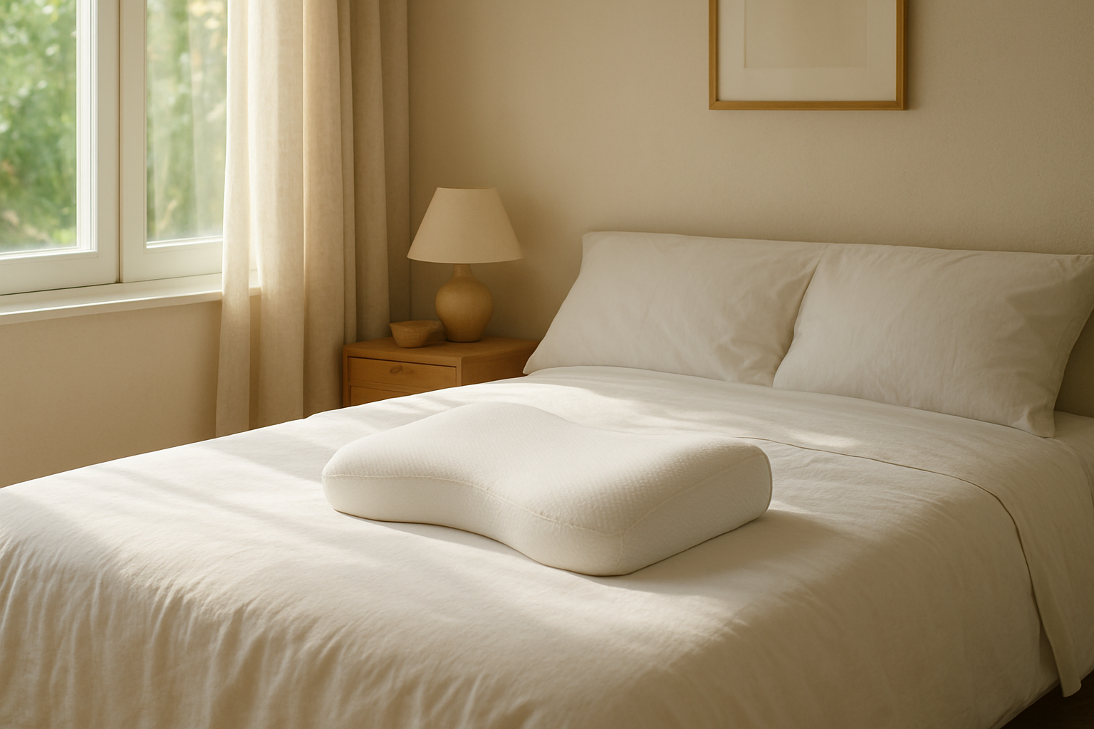 Oreiller ergonomique Bultex ondulé sur un lit en lin blanc, baigné de lumière naturelle, dans une chambre apaisante.