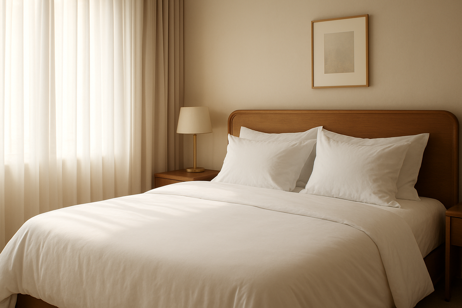 Lit avec oreillers hôtellerie en duvet, draps blancs, lumière naturelle, chambre élégante et minimaliste