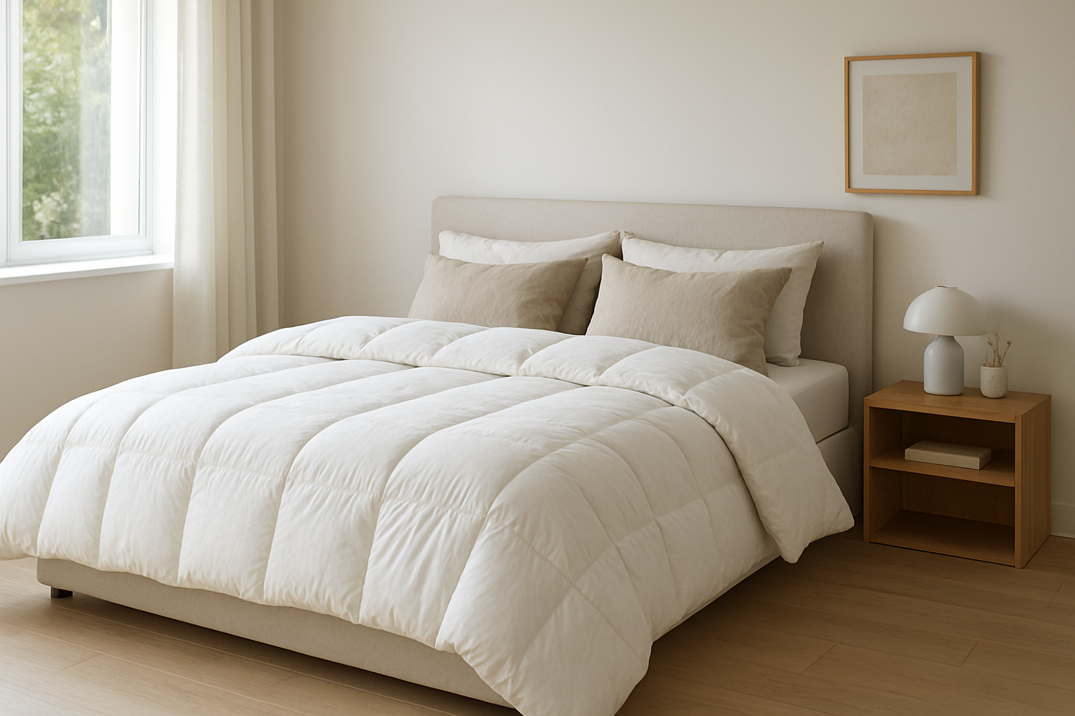 Couette Zelesta blanche gonflante sur un lit moderne dans une chambre lumineuse avec oreillers en lin et lumière naturelle.