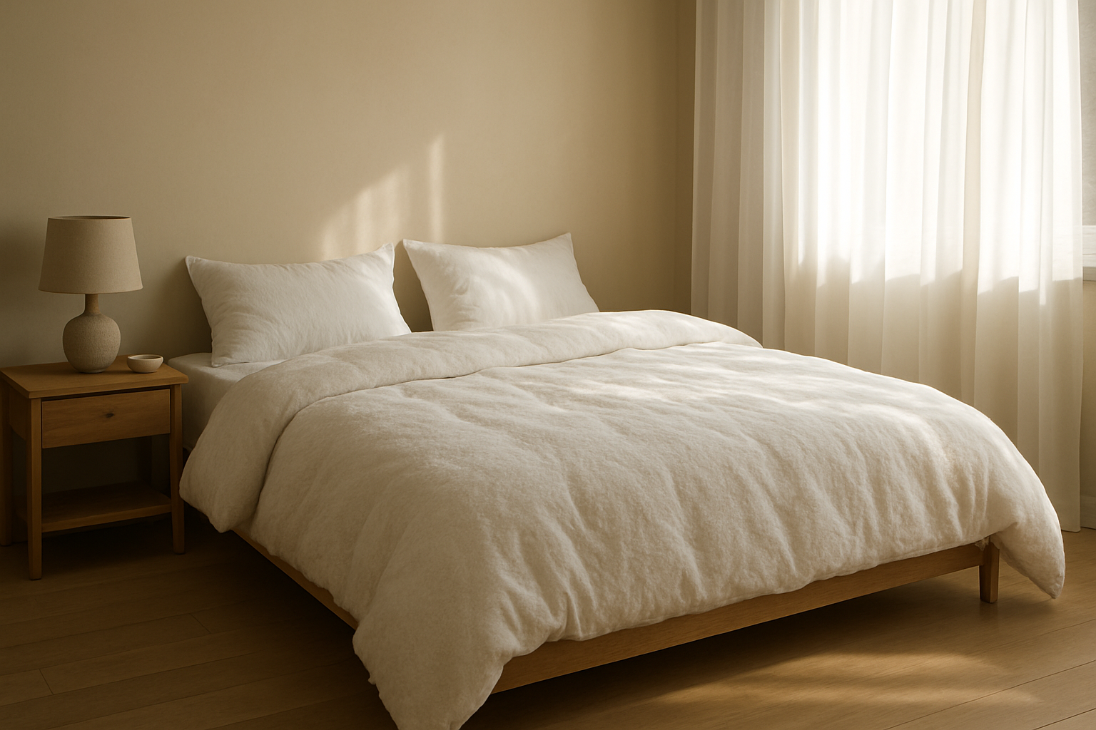 Lit double 160x200 recouvert d'une couette blanche moelleuse dans une chambre lumineuse avec rideaux légers, illustration du choix de dimension de couette.