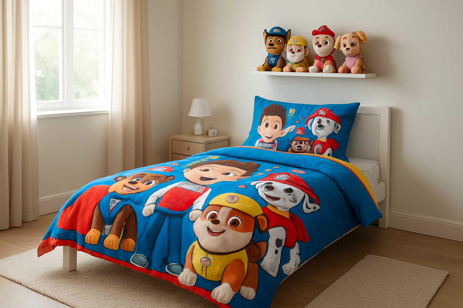 Housse de couette Pat'Patrouille aux motifs de Ryder et des chiots sur un lit d'enfant dans une chambre lumineuse et décorée