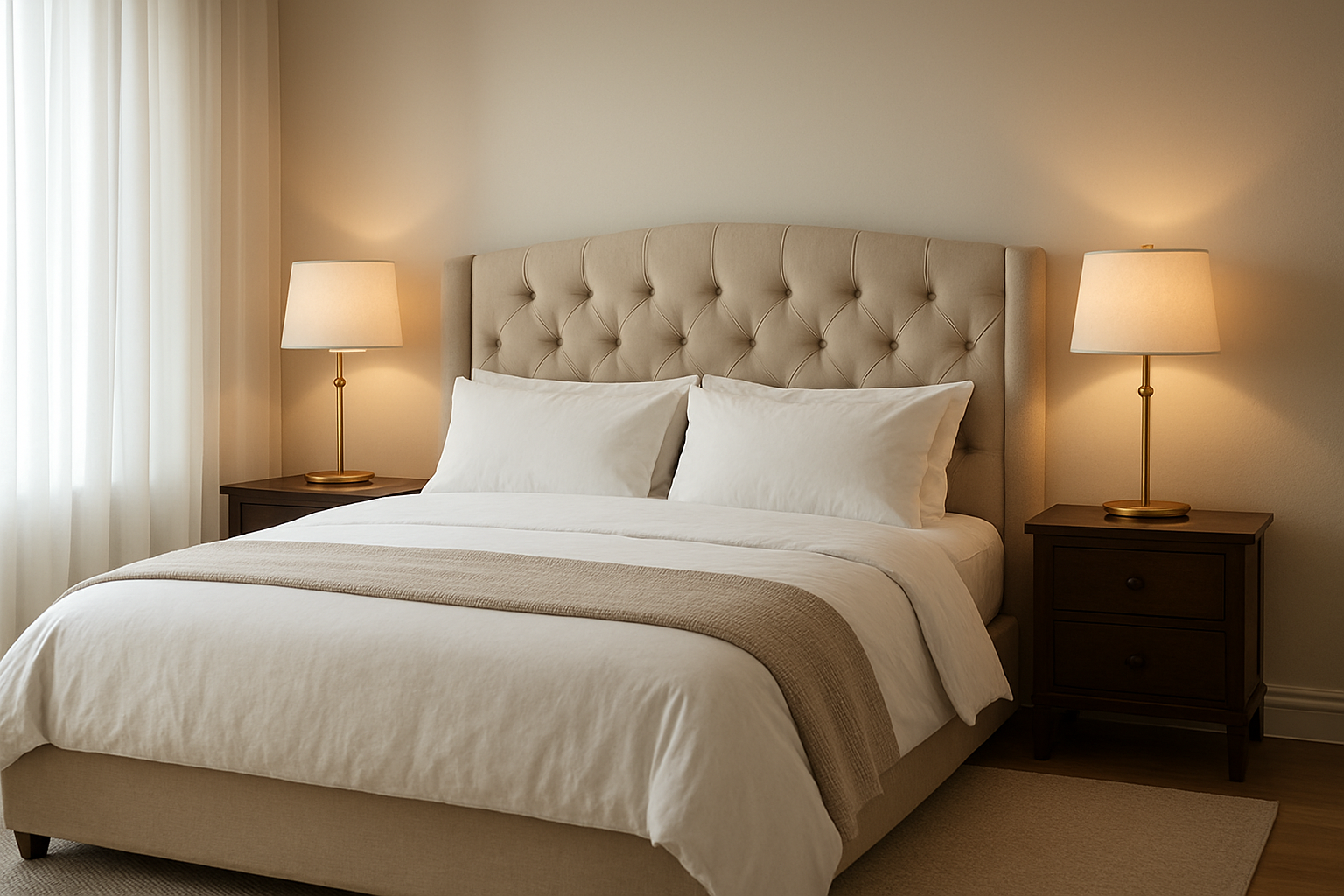 Lampe de chevet design moderne en métal doré avec abat-jour en lin sur table de nuit en bois dans une chambre élégante