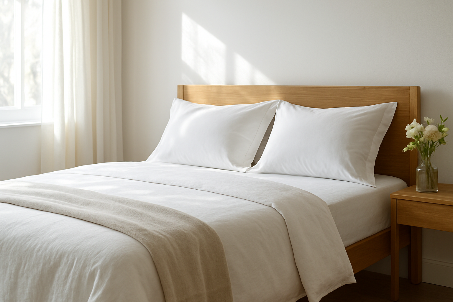 Lit paré d'un linge de lit en percale blanche et d'une housse de couette en lin, avec taies d'oreiller satinées, dans une chambre lumineuse au style épuré