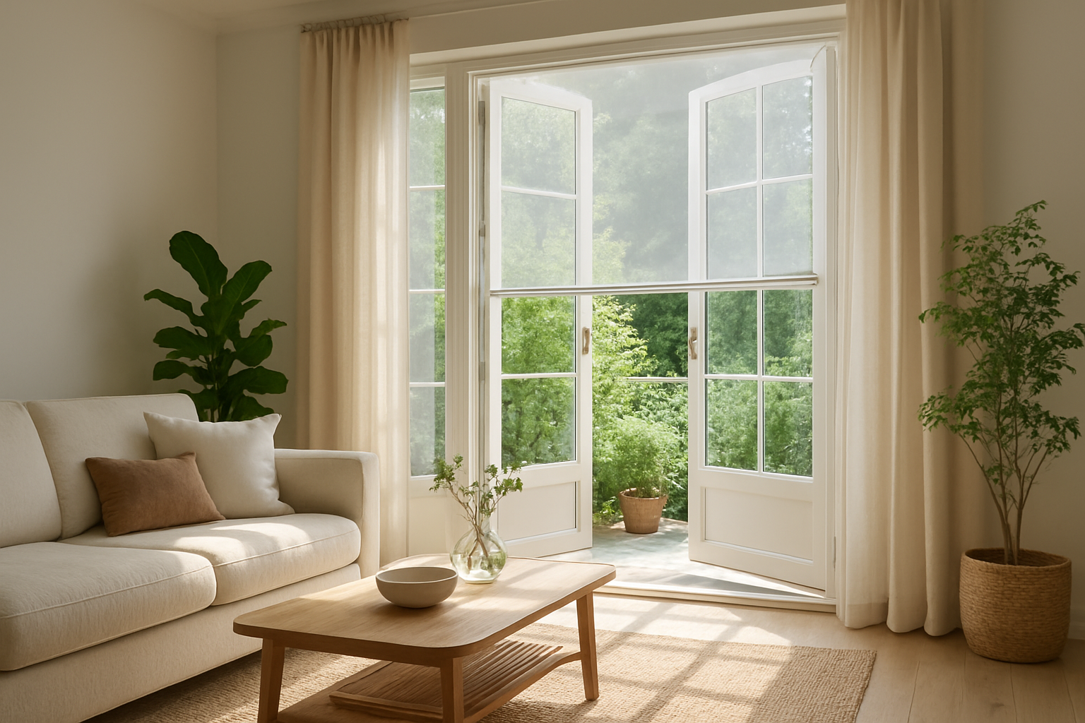 Salon lumineux avec baie vitrée ouverte et moustiquaire blanche à enrouleur partiellement relevée, canapé confortable et plantes vertes, lumière naturelle.