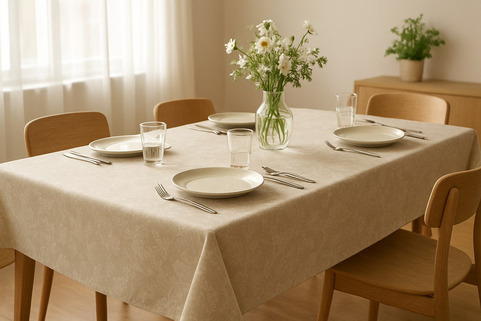 Table en bois clair avec une nappe imperméable beige à motifs floraux, dressée pour un repas en famille, lumière naturelle