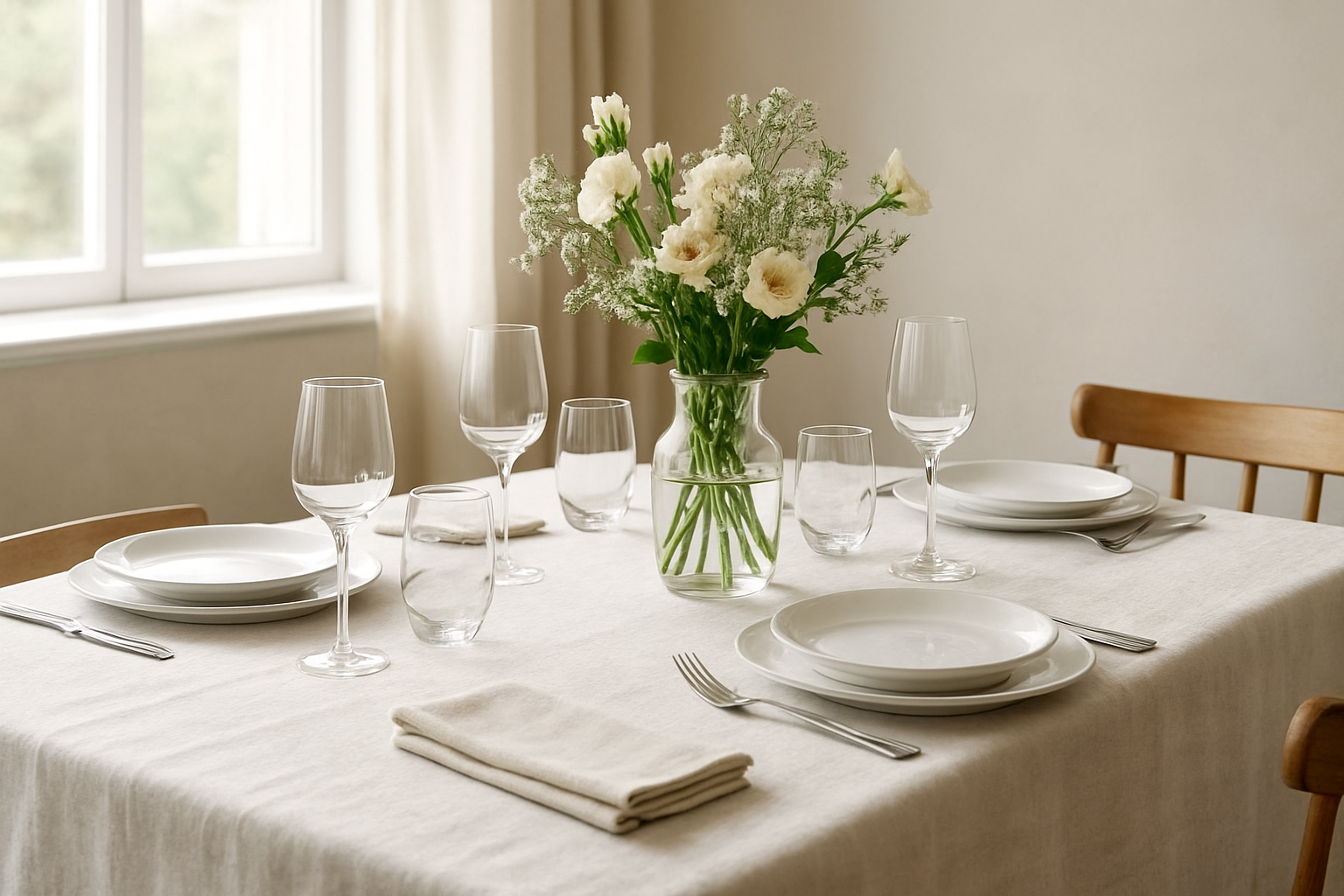 Table dressée avec une nappe en lin blanche, assiettes blanches et verres, vase de fleurs fraîches, lumière naturelle tamisée